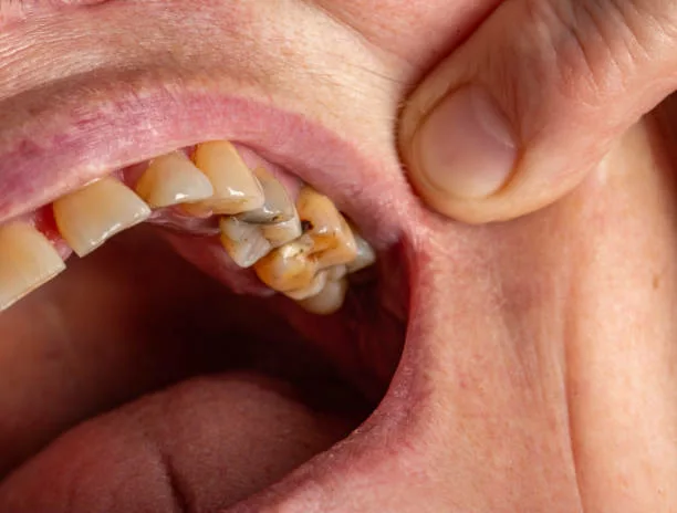 Teeth with caries and pulpous teeth in the mouth of a female patient.