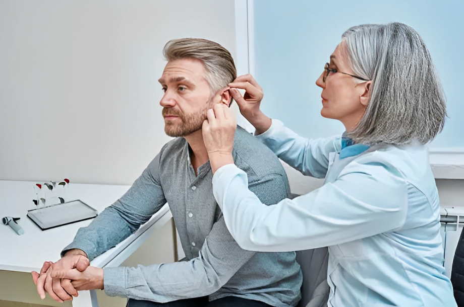 Image of a medic examining a patient for presbycusis