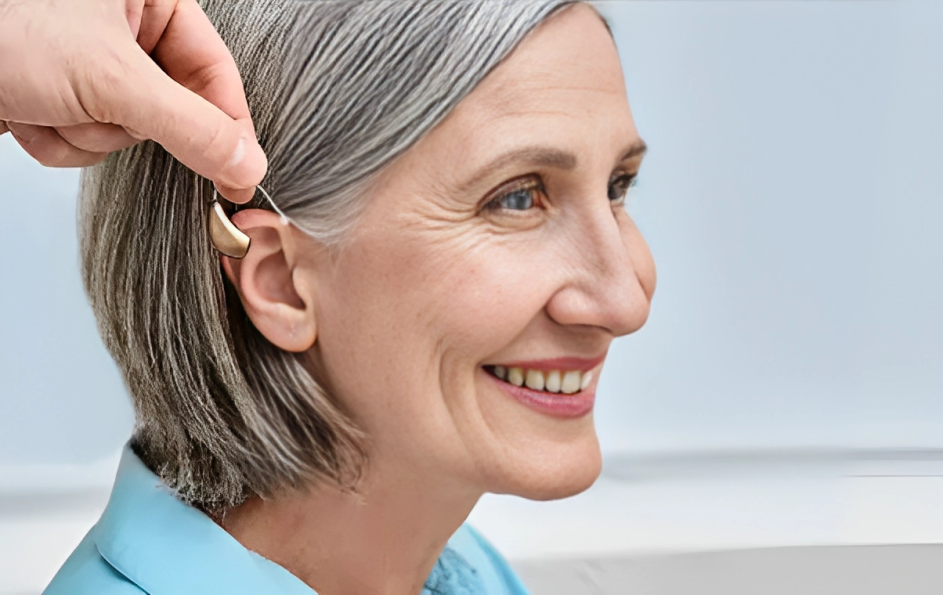 Image of an elderly woman with amplification device as a treatment for presbycusis