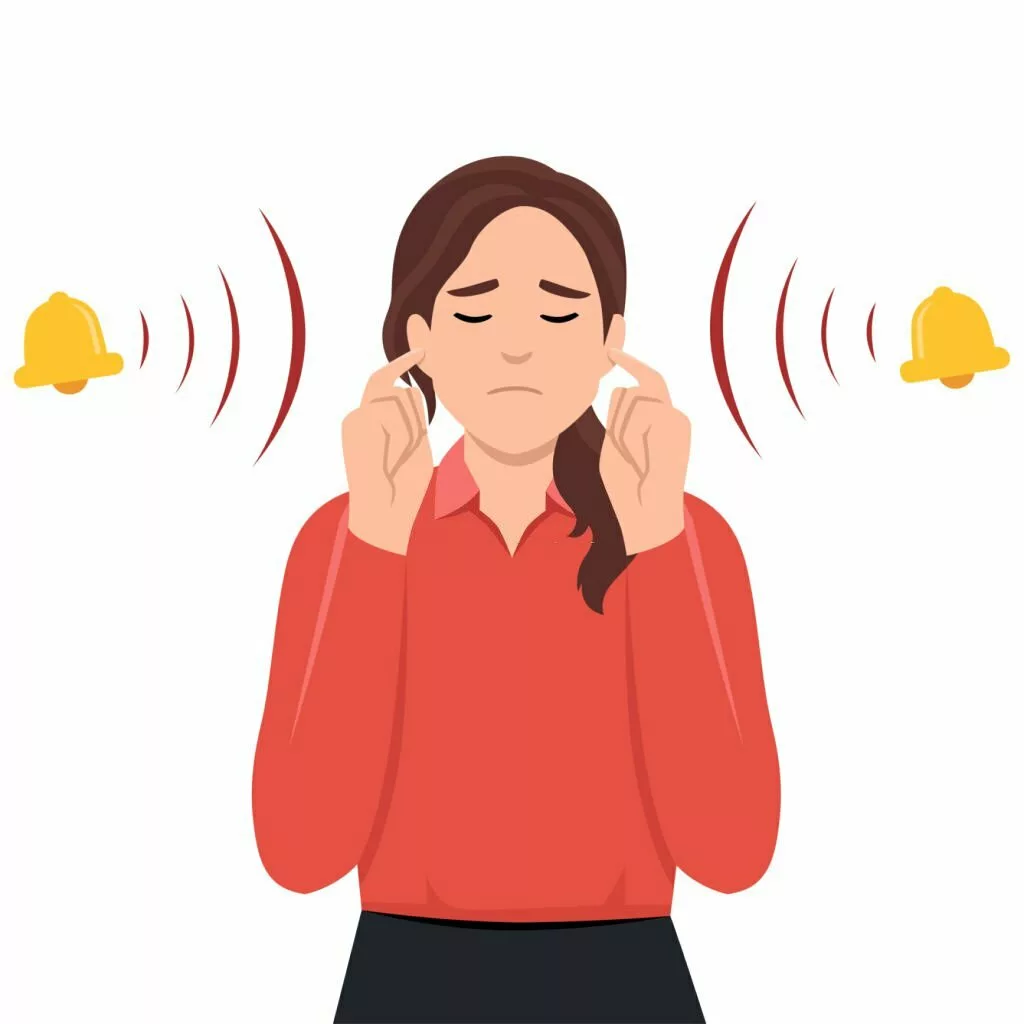 A woman with closed eyes is plugging her ears with her fingers when suffering from tinnitus. yellow bells are a symbol of unbearable ringing in the ears.