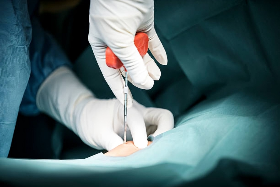 A surgeon using aspiration needle for bone marrow extraction