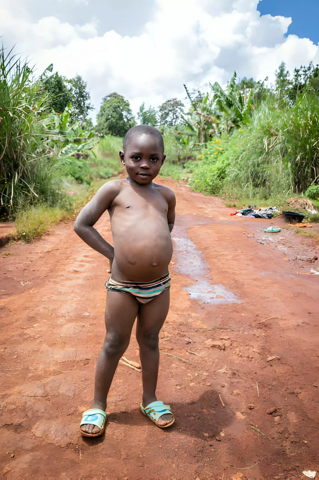 A child with kwashiorkor symptoms like protruded belly