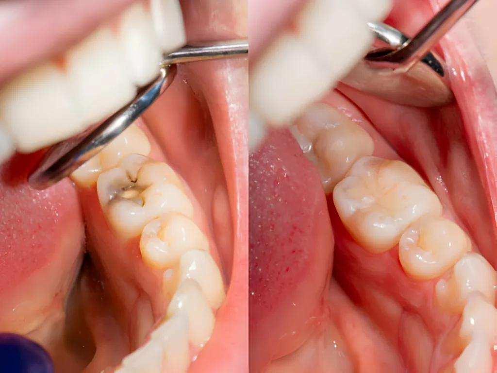 The image shows a carious tooth before and after a dental filling