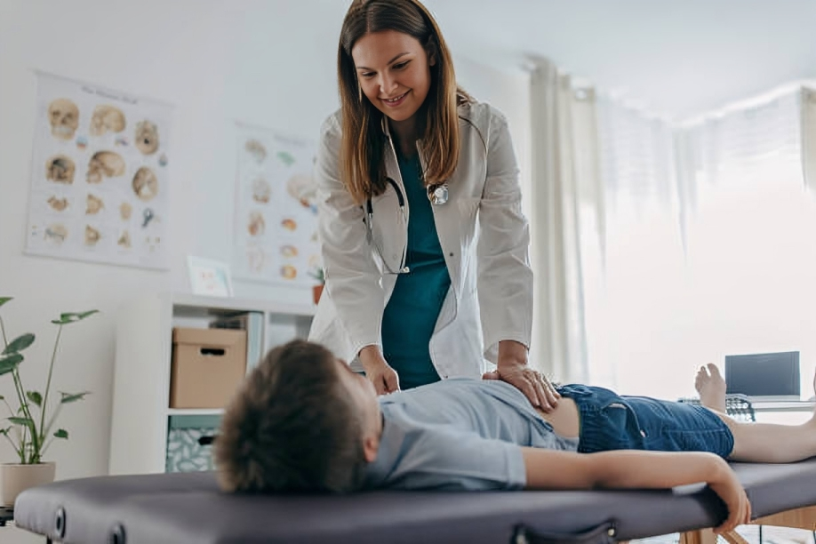 Doctor examining child with gastroenteritis