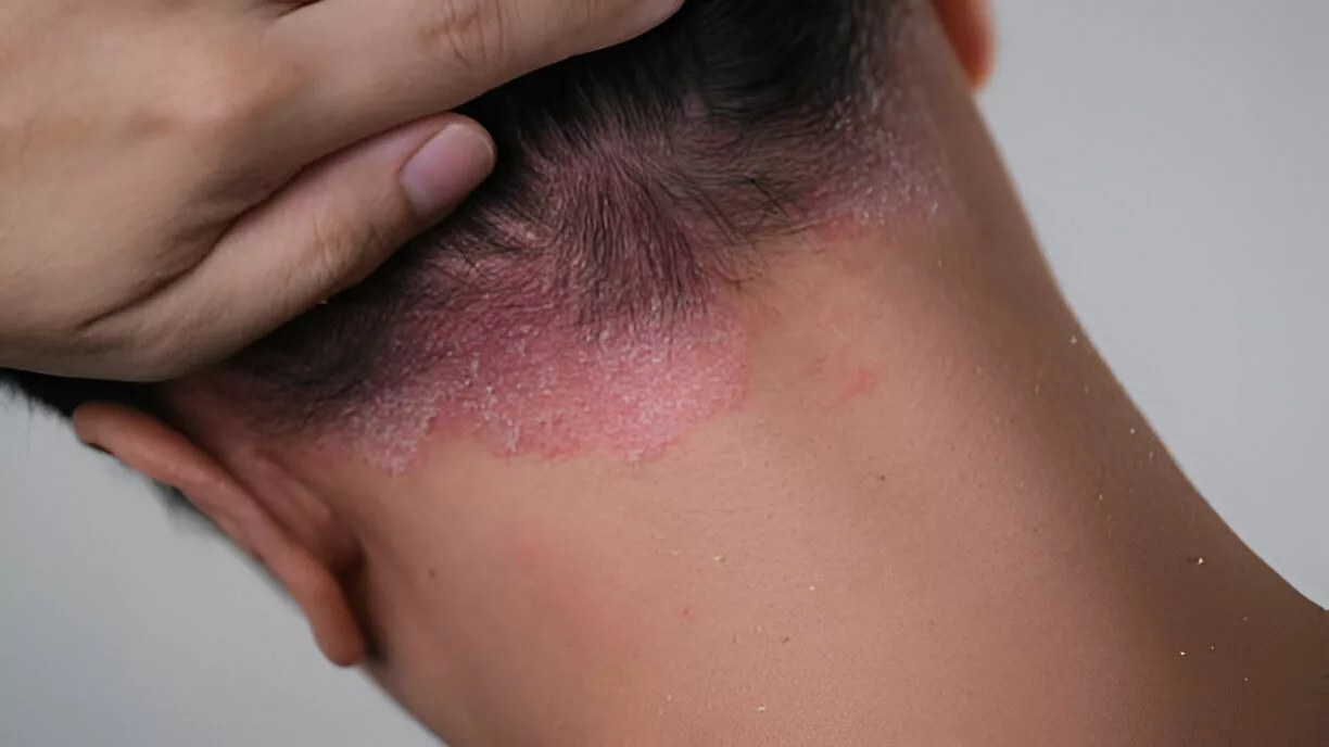 Psoriasis on the nape of a man.