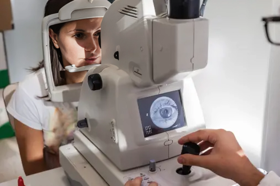 A woman undergoing retinal examination