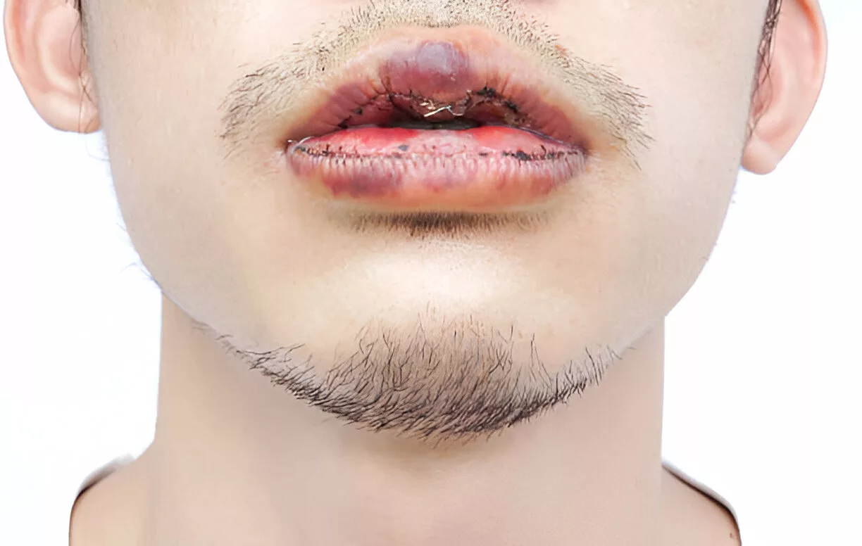 Closeup Image of a man after upper and lower lip reduction surgery.